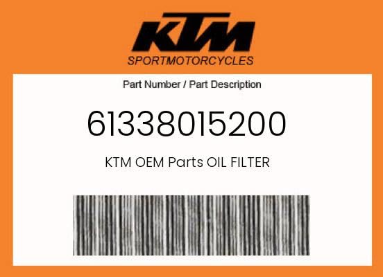 KTM oil filter 61338015200 close-up packaging highlighting OEM quality.