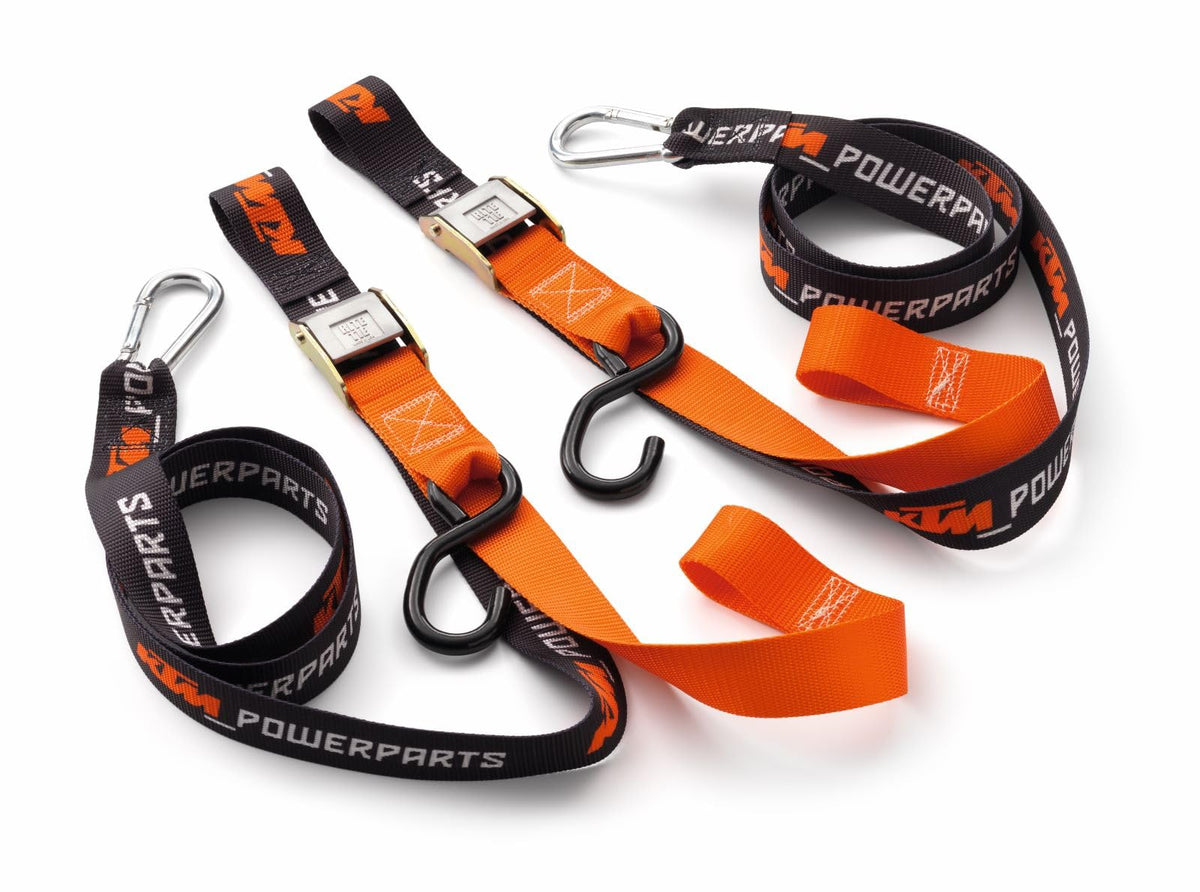 KTM tie down set two-pack, front view showing rugged straps and clips for secure transport.