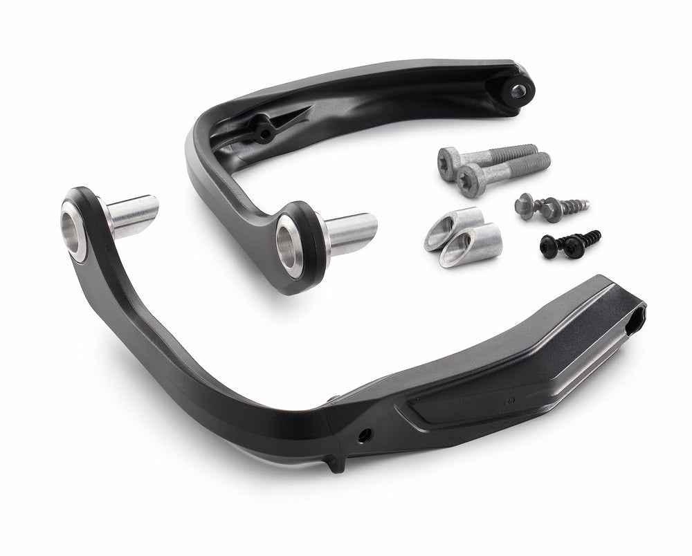 KTM wrap-around hand guard kit, front view, blocks wind and debris for better ride comfort.