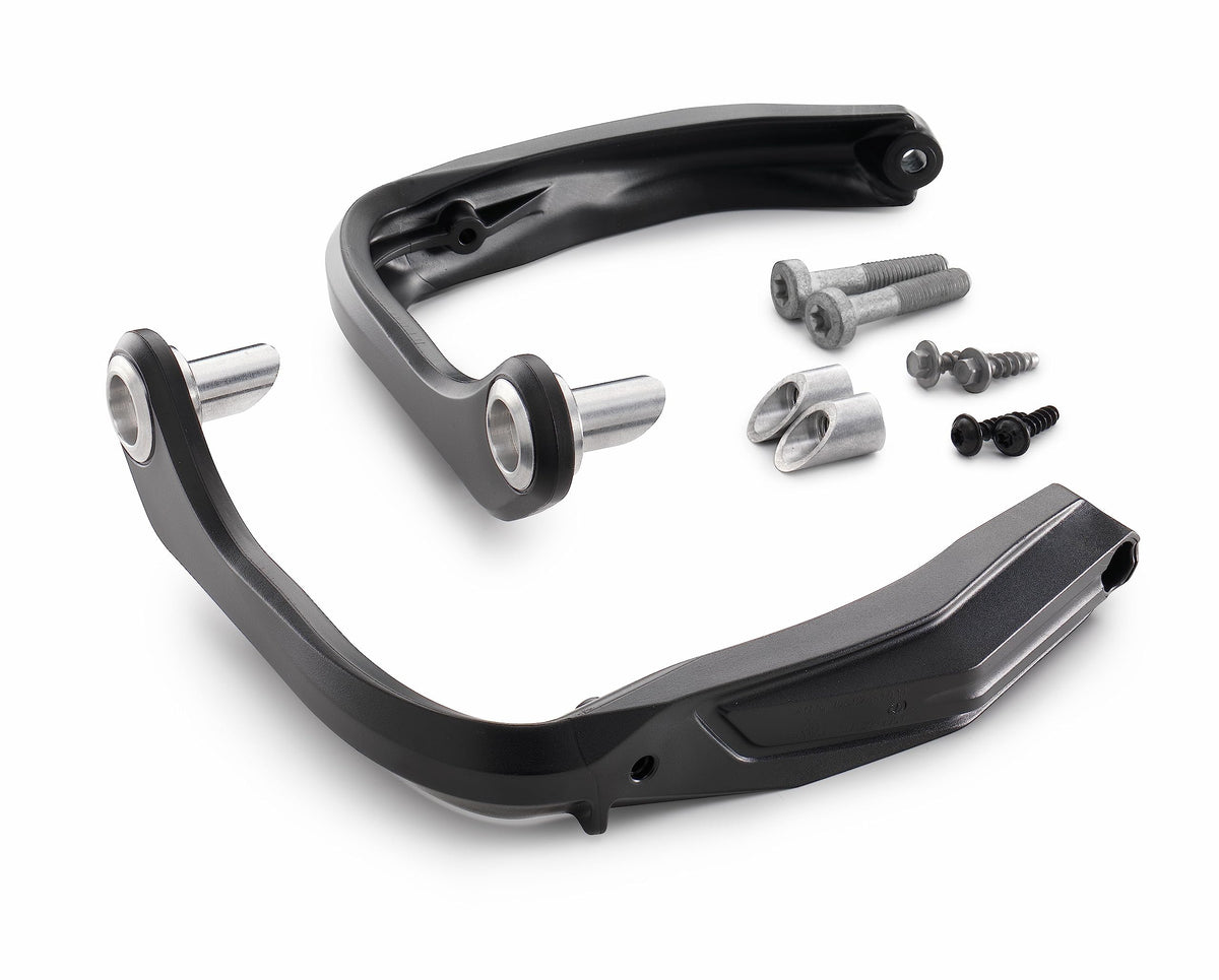 KTM wrap-around hand guard kit, front view, blocks wind and debris for better ride comfort.