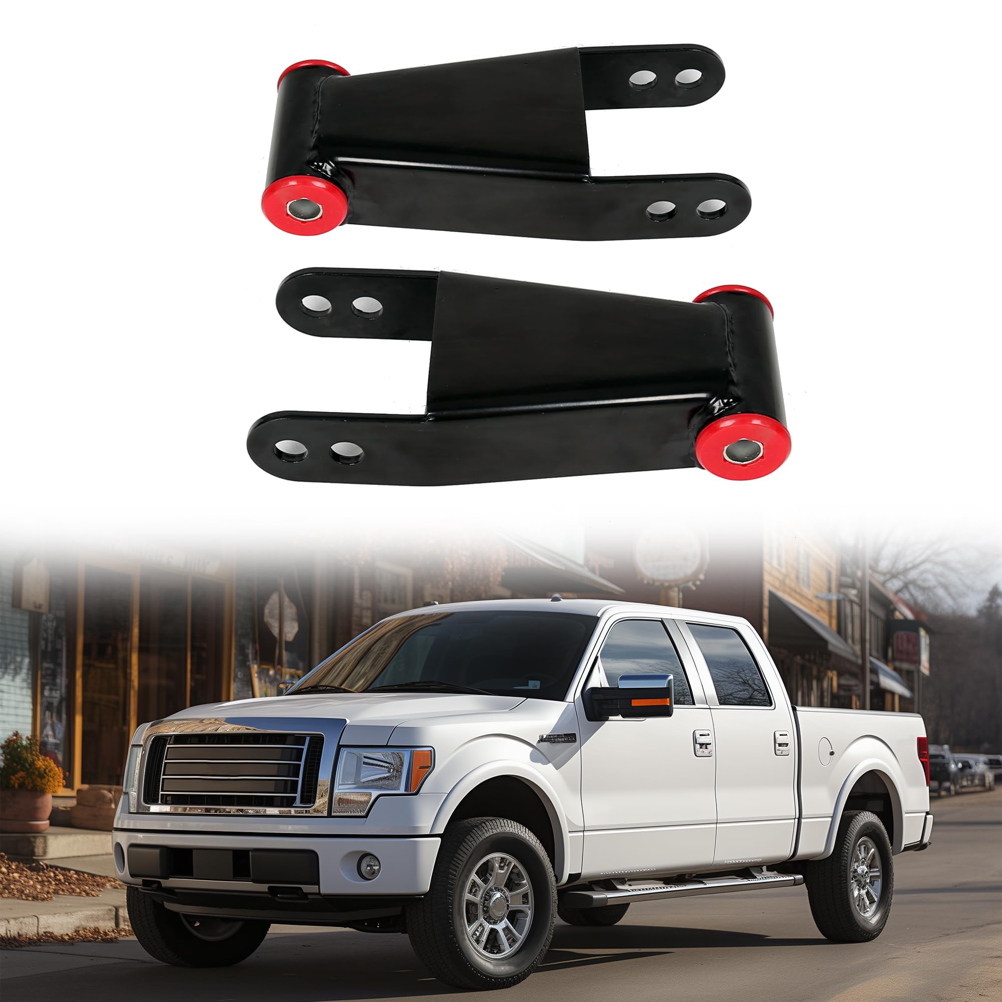 KUAFU rear drop shackle for F-150, side view showing compact stance improvement