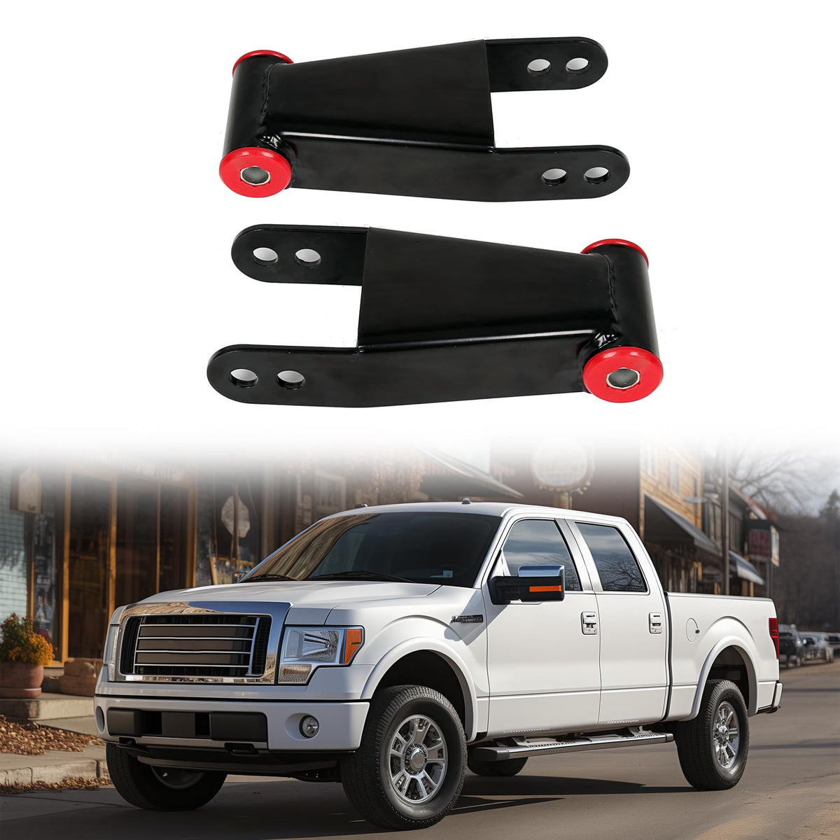 KUAFU rear drop shackle for F-150, side view showing compact stance improvement