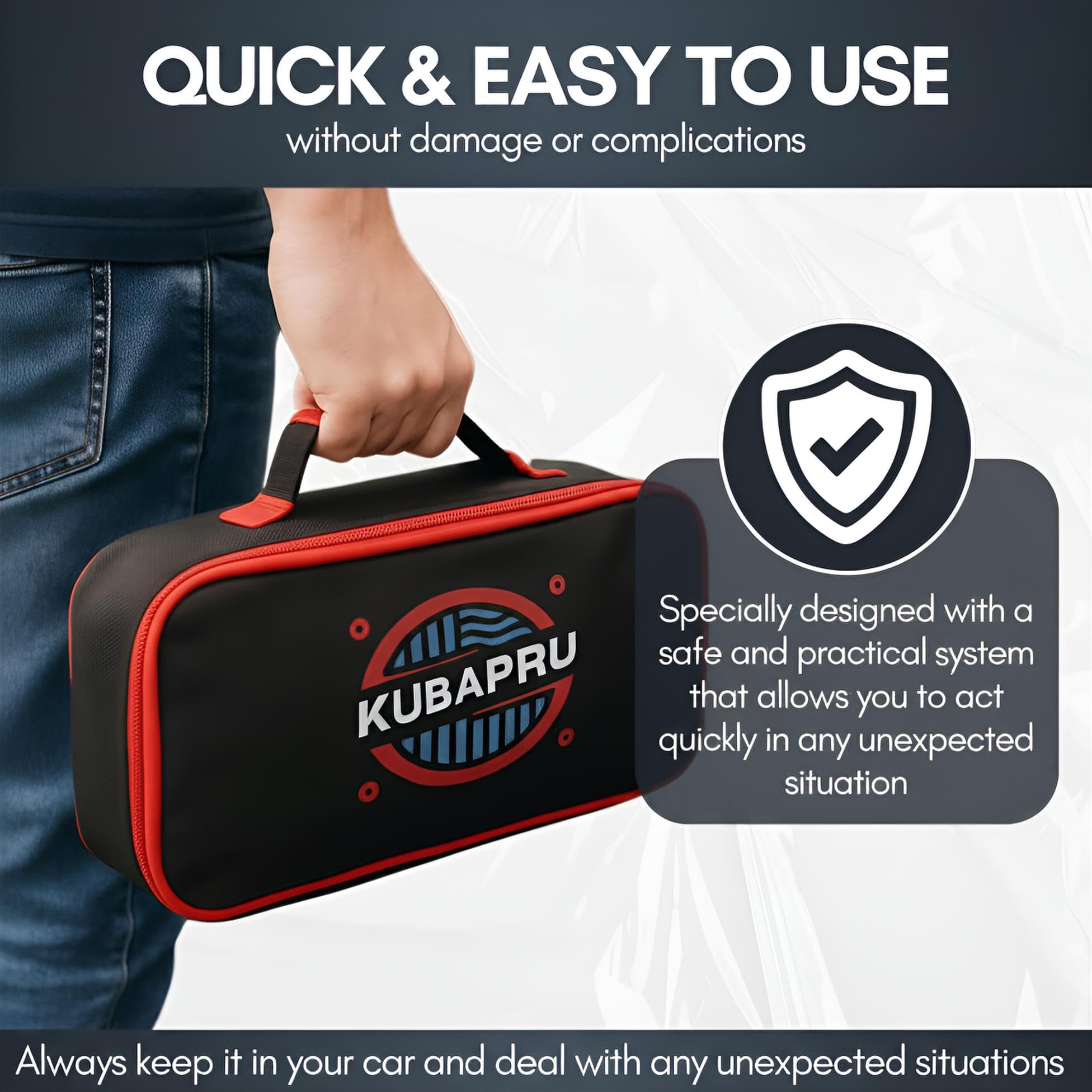 Kubapru emergency set in vehicle provides fast access during roadside needs