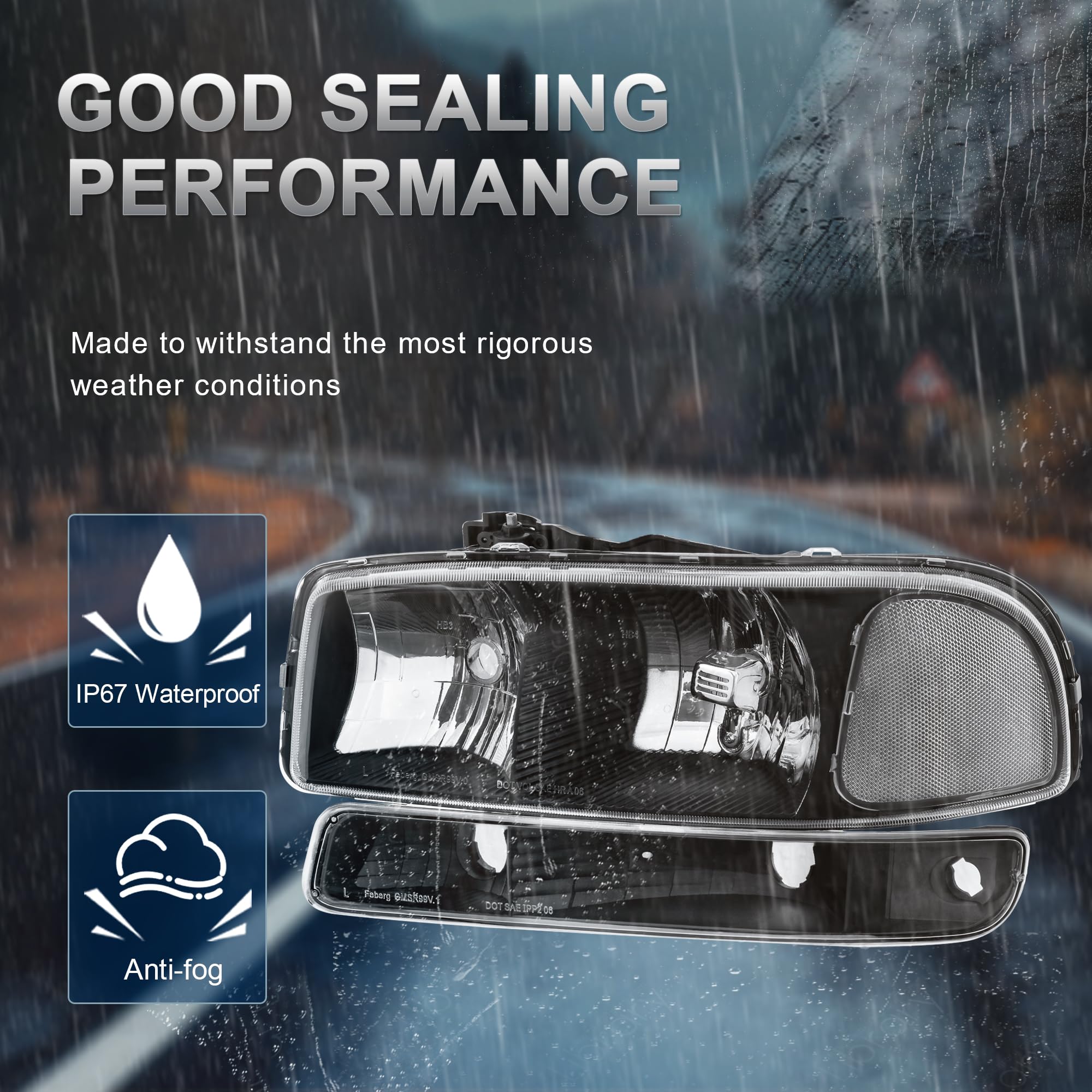 KUIPERAUTO headlight side view for Sierra shows durable black housing