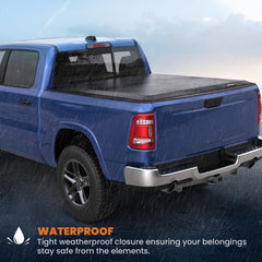 KUIPERAUTO Soft Quad bed cover rolled storage demonstrates quick removal and compact storage.