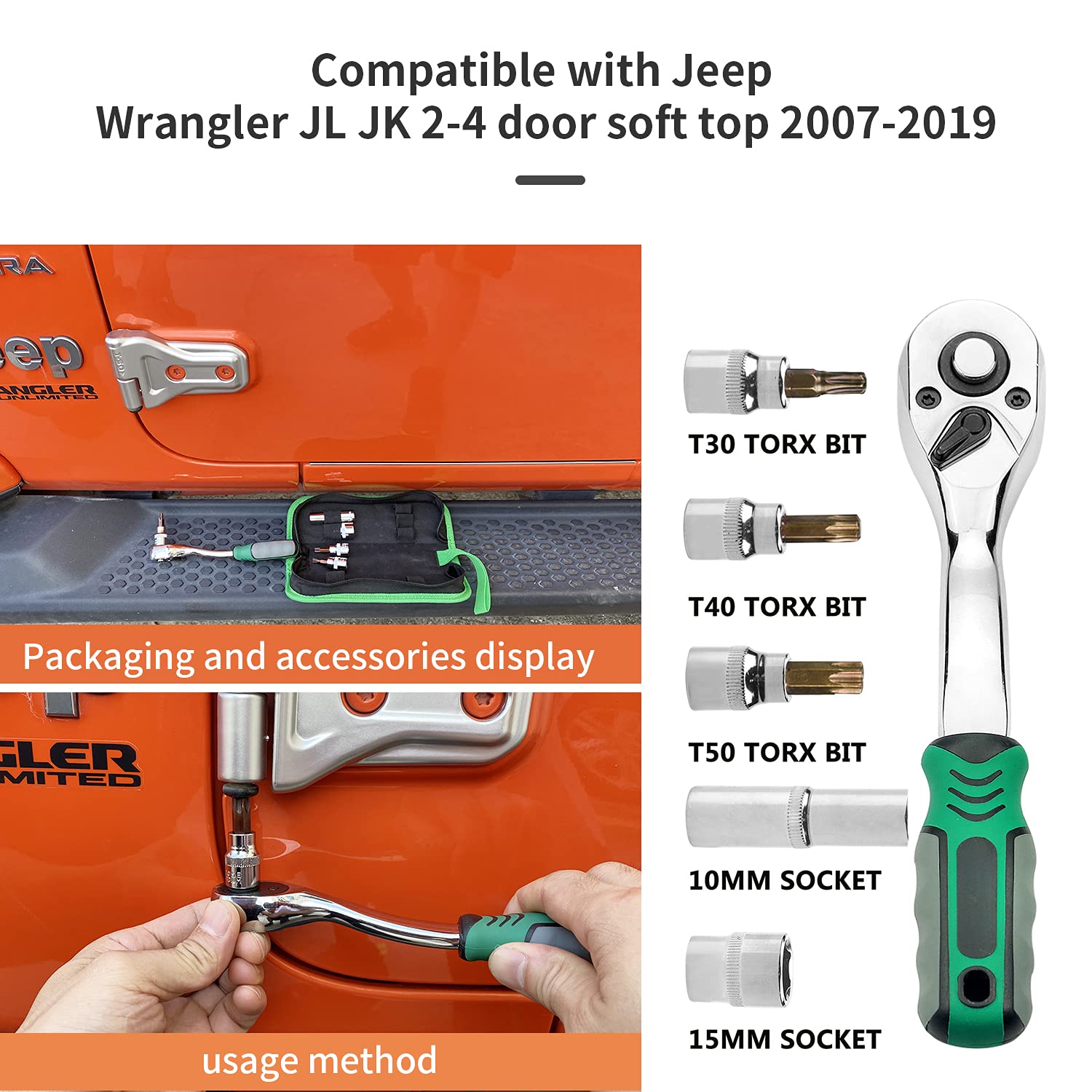 Kujunpao Jeep Wrangler hard-top toolkit compatibility for 2007–2019 models.