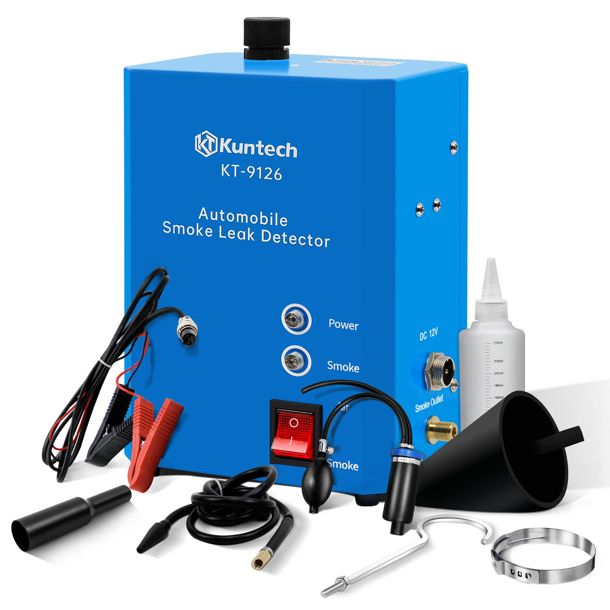 Kuntech smoke machine with built-in air pump enables quick vehicle leak testing.