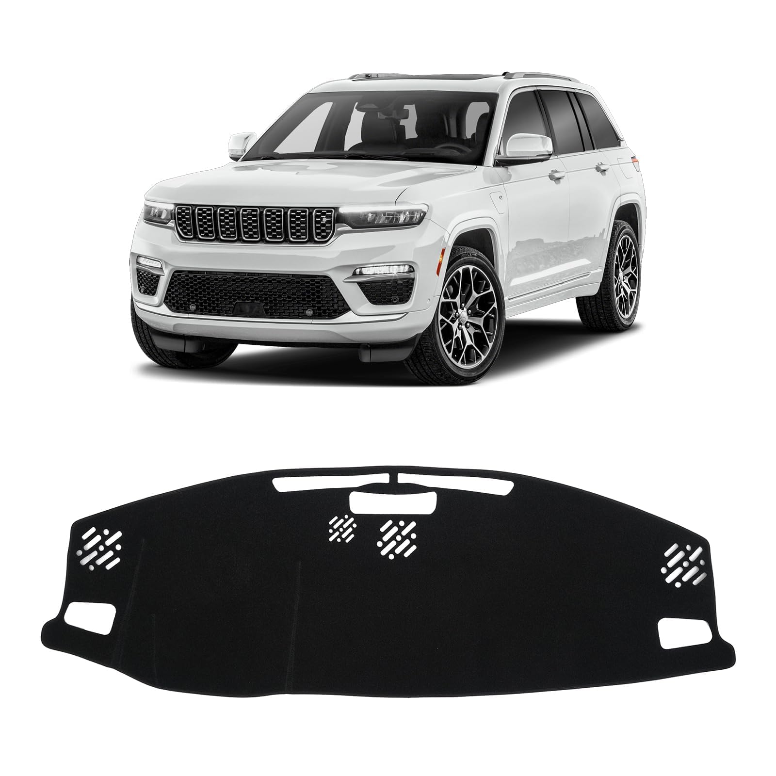 KUST black dash cover for Jeep Grand Cherokee 4XE—front view with anti-slip backing.