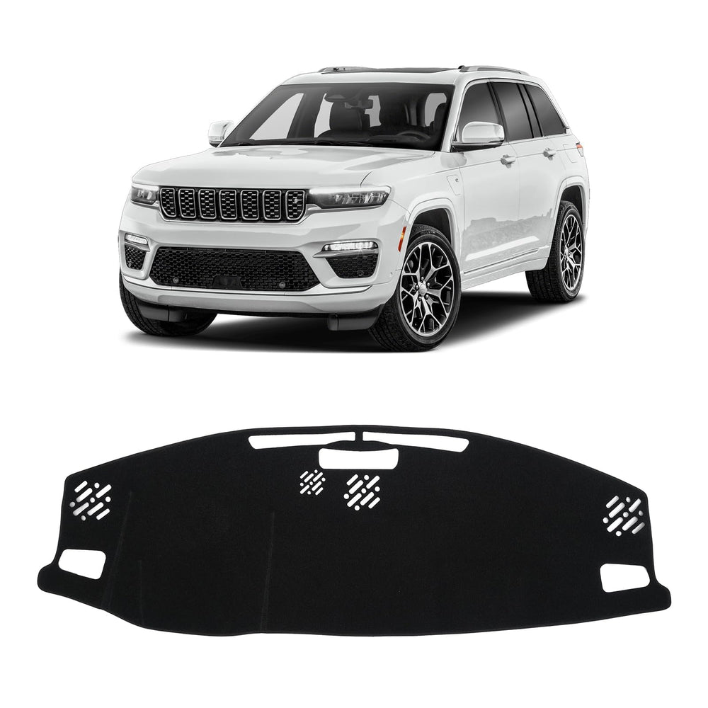 KUST black dash cover for Jeep Grand Cherokee 4XE—front view with anti-slip backing.