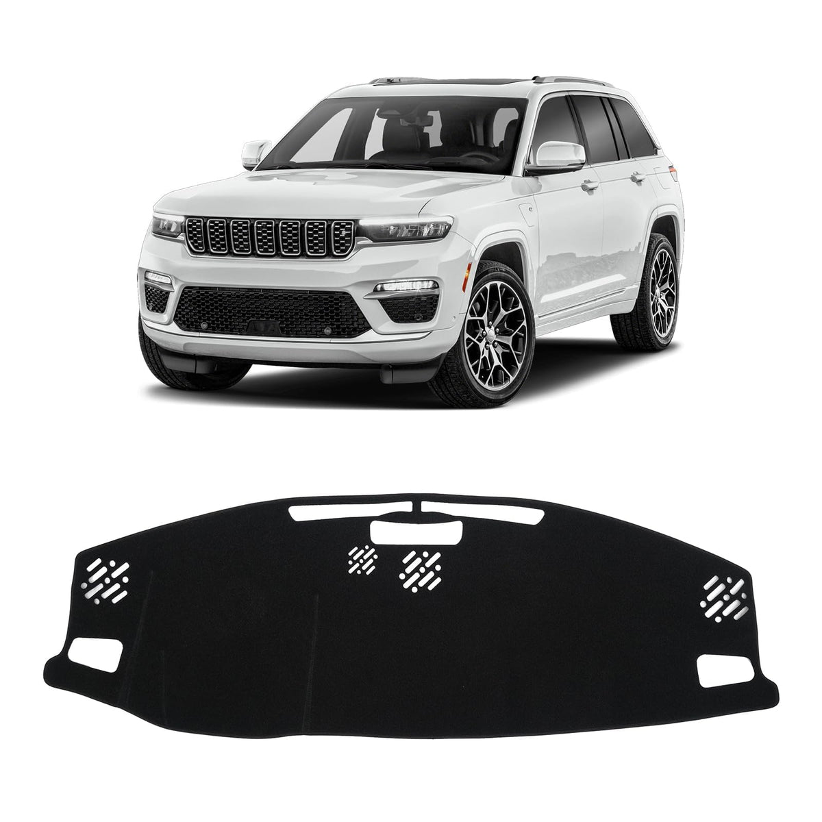 KUST black dash cover for Jeep Grand Cherokee 4XE—front view with anti-slip backing.