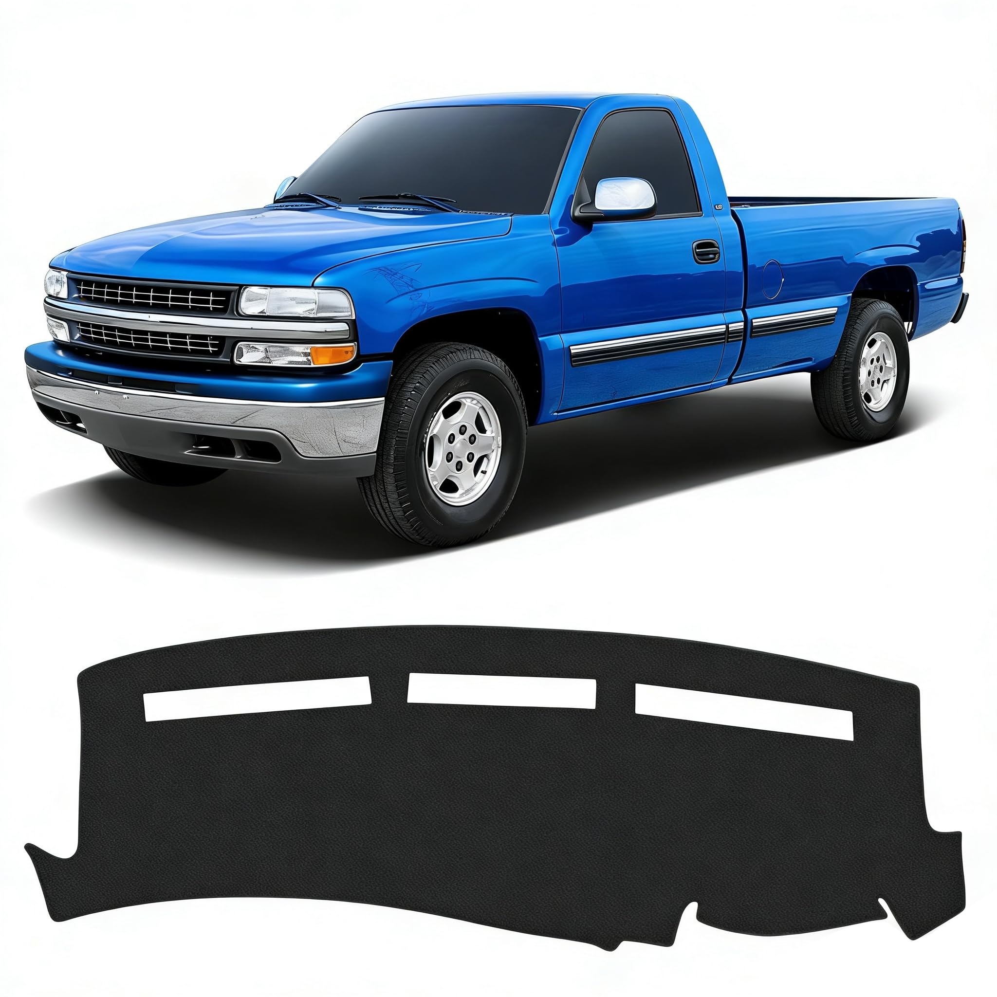 KUST black dash cover on Silverado 1999-2006 close-up shows precise fit and matte finish.