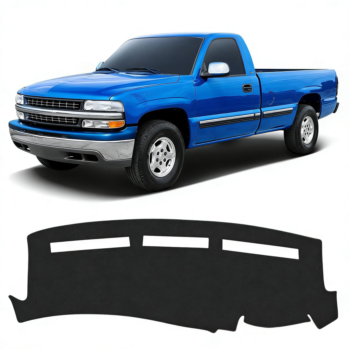 KUST black dash cover on Silverado 1999-2006 close-up shows precise fit and matte finish.