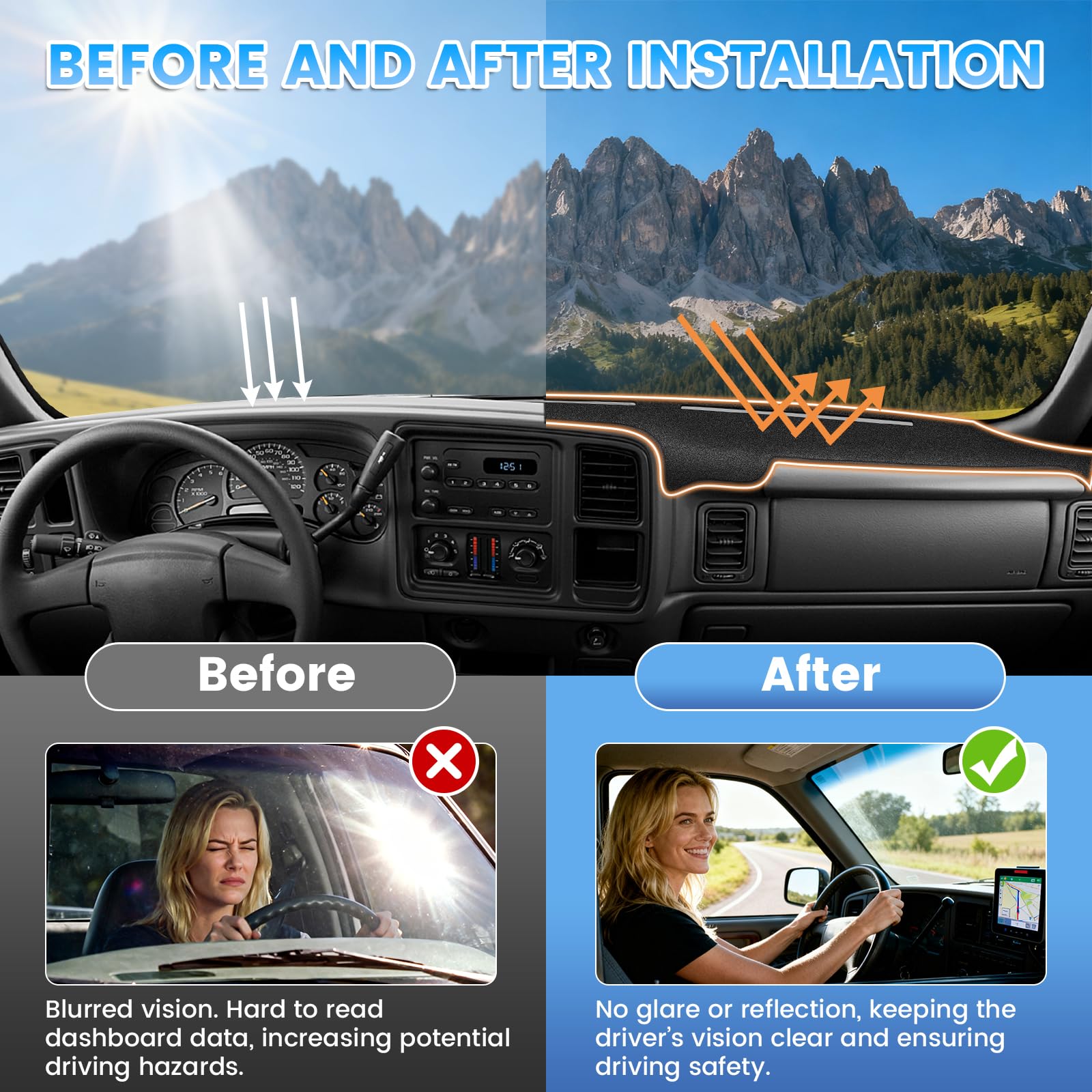 KUST foldable dash cover shown during quick installation on dashboard.