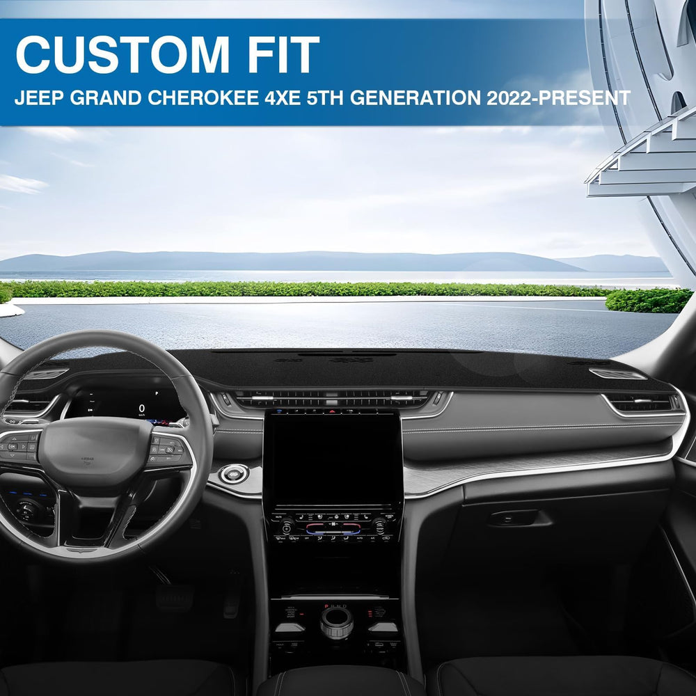 Close-up of KUST dash cover non-slip silicone backing on Jeep Grand Cherokee 4XE.