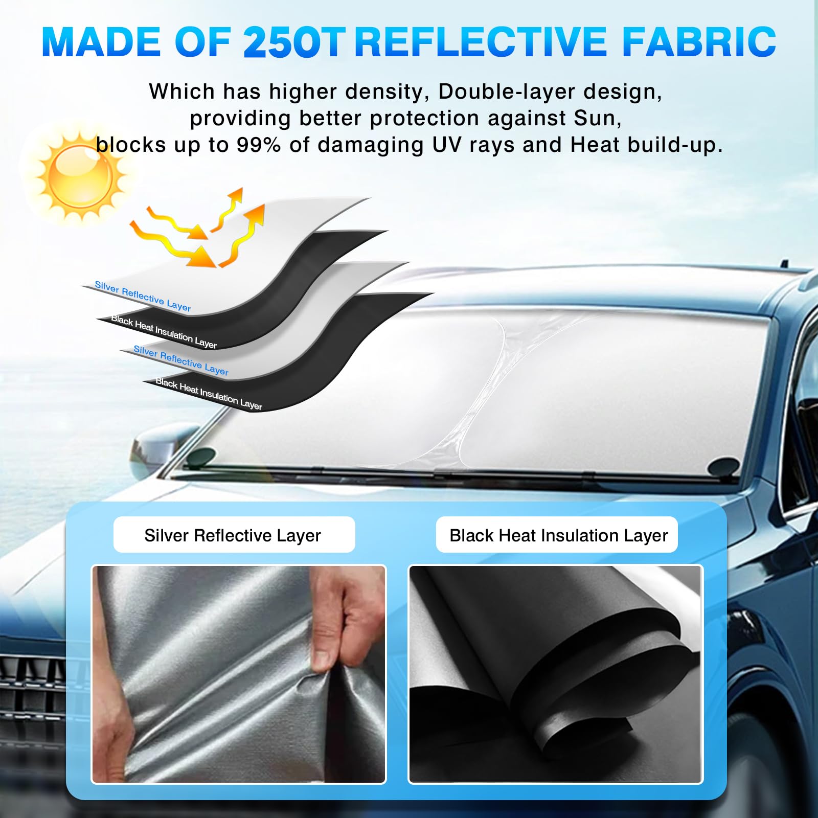KUST windscreen shade accelerates AC cooling, helping you reach comfortable temperatures faster.