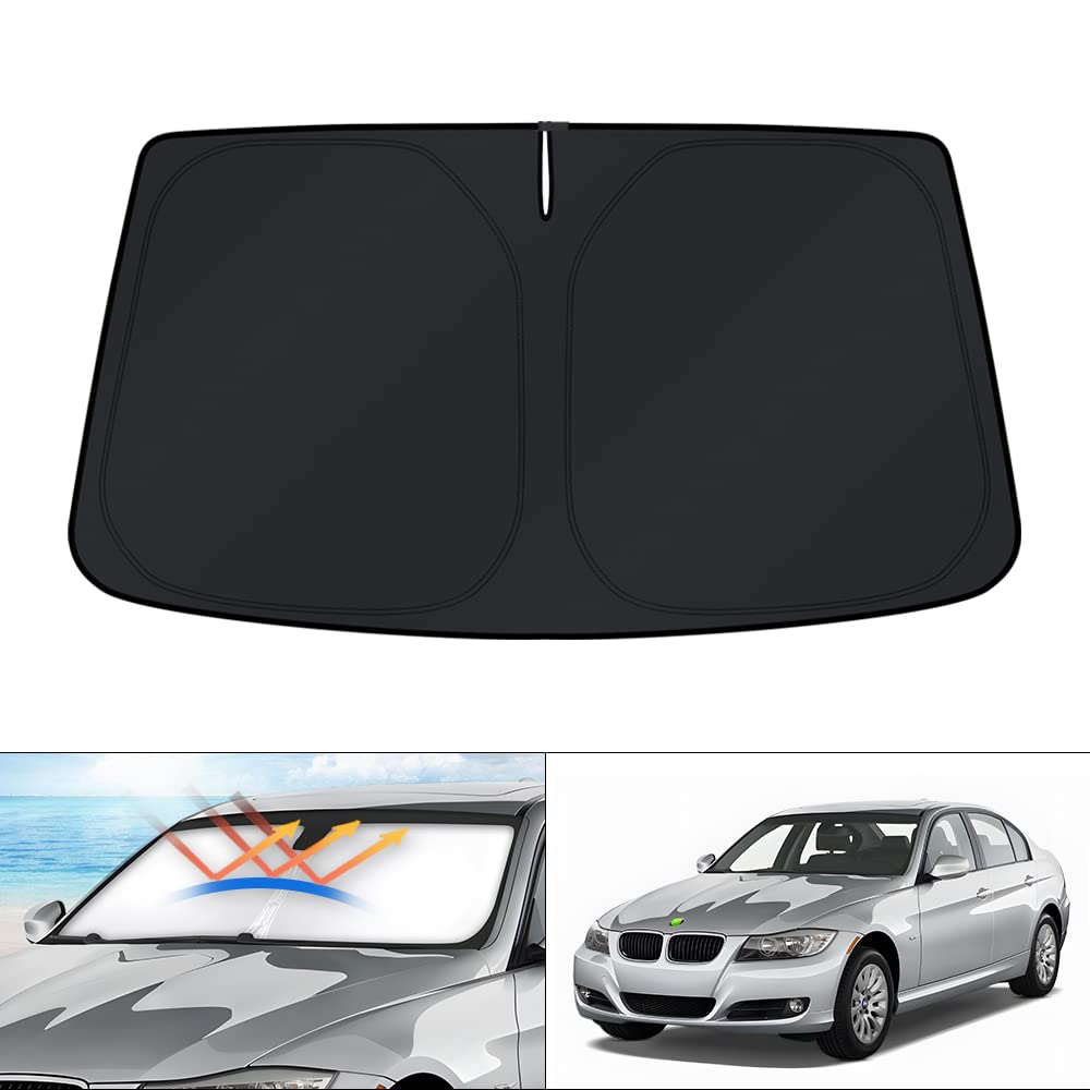 KUST windshield shade full-fit for BMW 3 Series covers windshield from sun and heat.