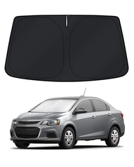 KUST windshield shade for Chevy Sonic showing full-coverage fit and sun protection.
