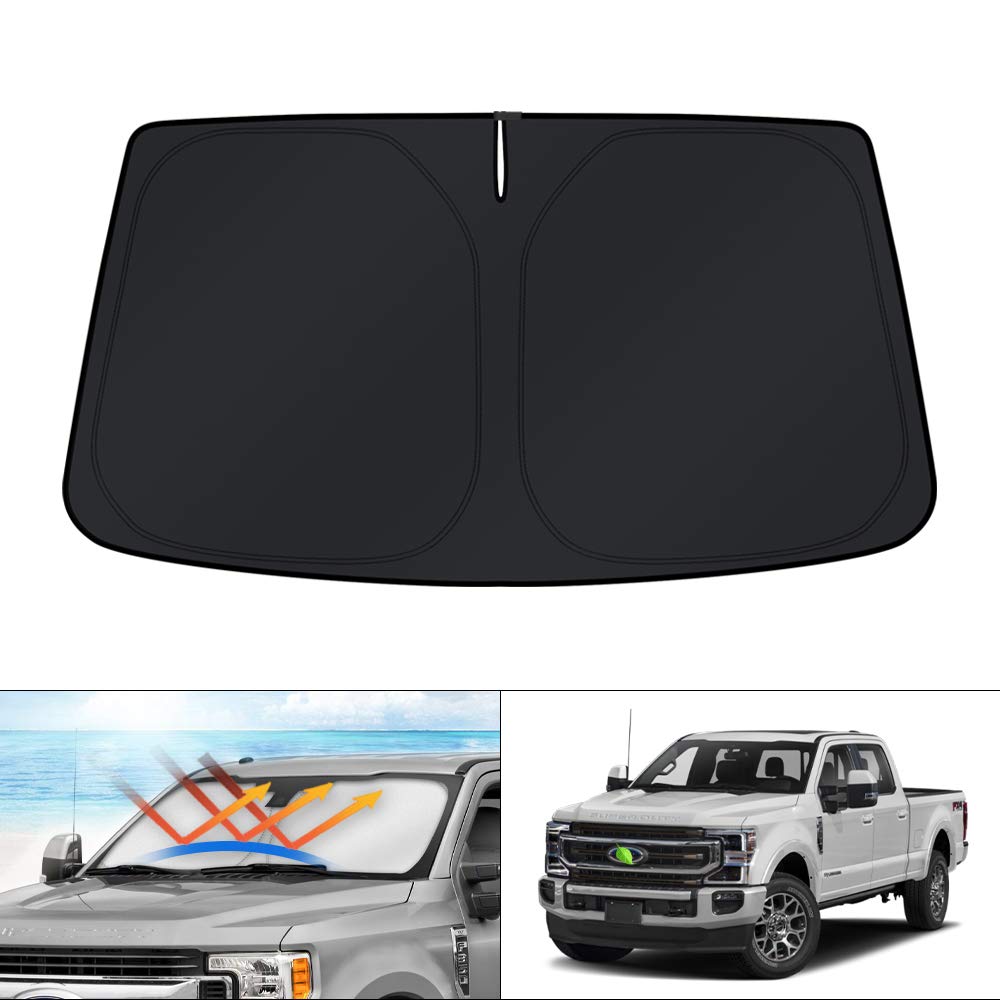 KUST windshield shade front view showing full coverage and UV protection for Ford Super Duty.