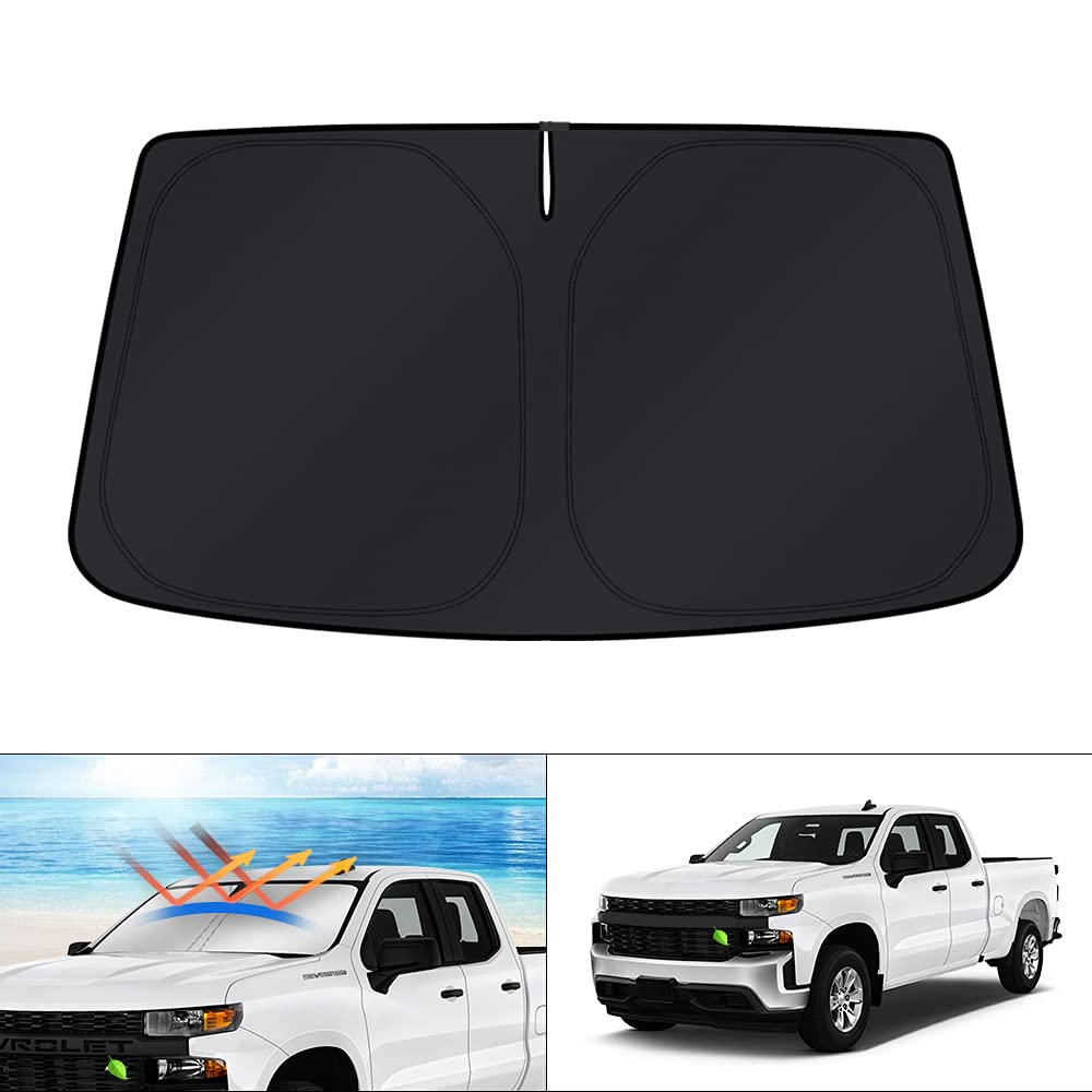 KUST windshield shade custom-fit for Silverado blocks sun with precise coverage.