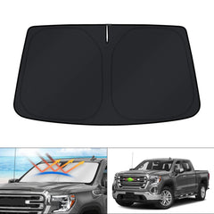 KUST windshield shade with custom-fit silver outward layer blocks sun for Silverado/Sierra