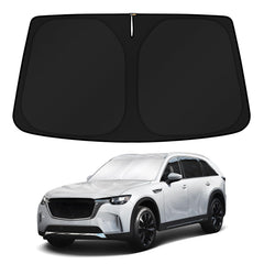KUST windshield shade fully covers the CX-90 windshield for UV protection and cooling.