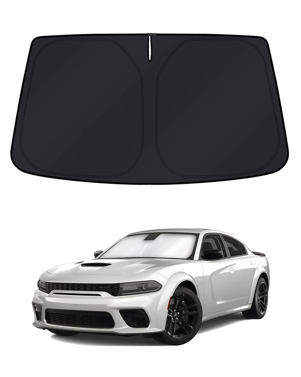 KUST windshield shade covers the Charger windshield completely.