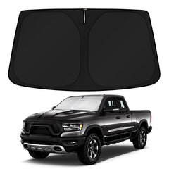 KUST windshield shade for Dodge RAM 1500 Crew Cab fits snugly and blocks sun glare.