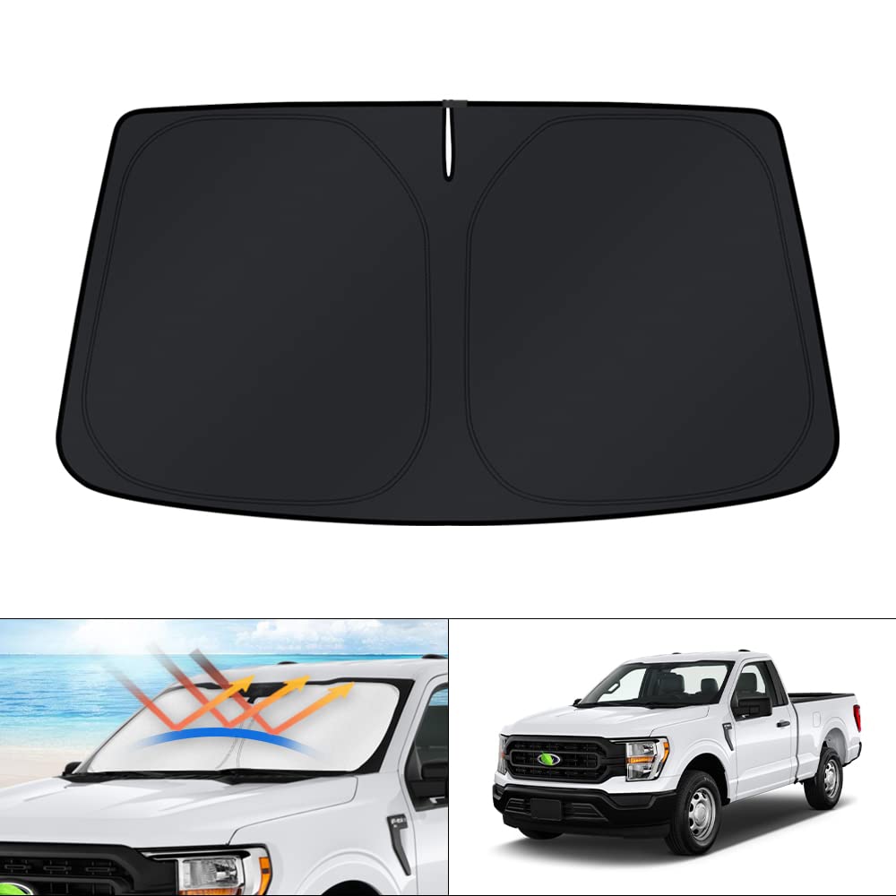 KUST windshield shade fitted to Ford trucks blocks sun and reduces heat.