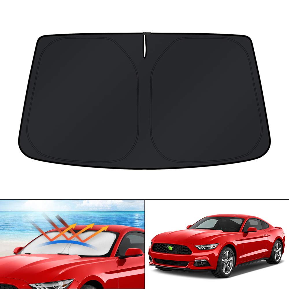 KUST windshield shade folded for Mustang blocks UV rays and saves space.