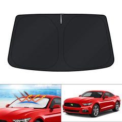 KUST windshield shade folded for Mustang blocks UV rays and saves space.