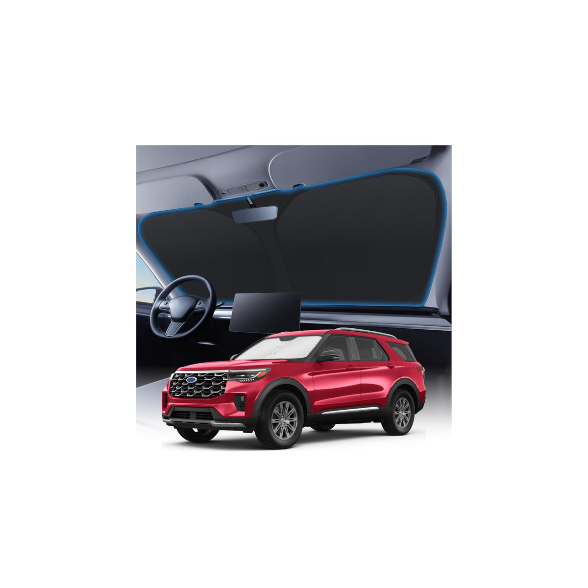 KUST windshield shade front view protects Ford Explorer interior from UV.