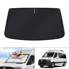 KUST windshield shade fitted on Freightliner Sprinter blocking UV rays for cooler interior.