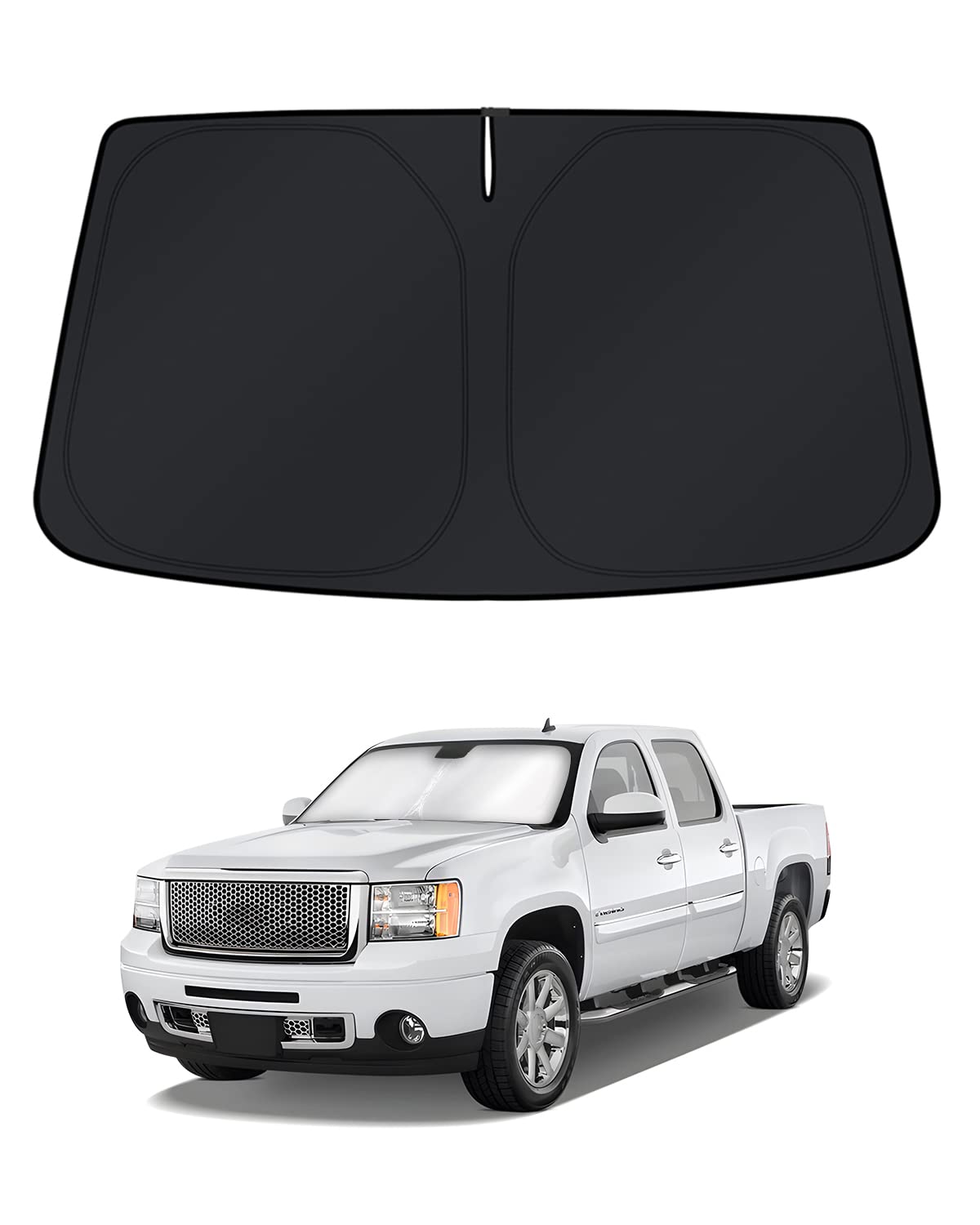 KUST windshield shade fully covers Silverado windshield to keep the cabin cooler.