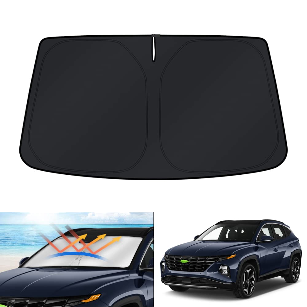 KUST windshield shade on Hyundai Tucson in hero view blocks sun and glare for cooler driving