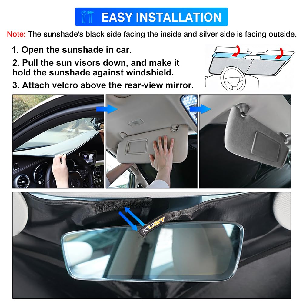 KUST Windshield Shade protects interior during road trips.