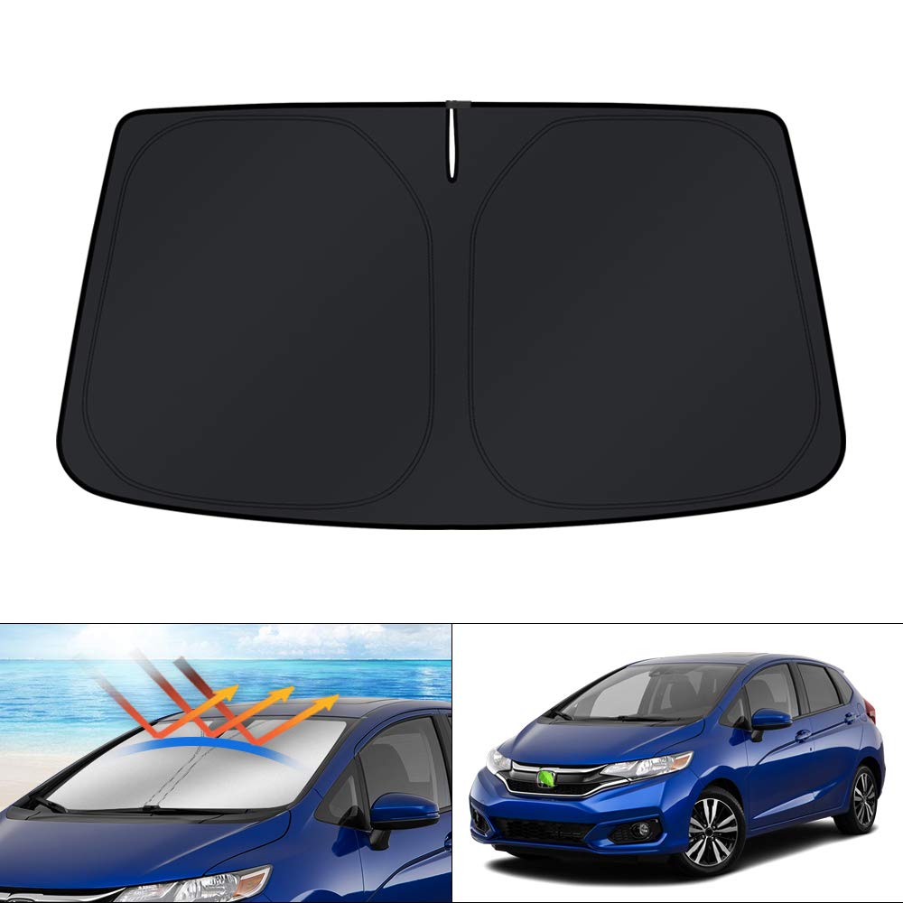 KUST windshield shade on Honda Fit providing full windshield coverage.