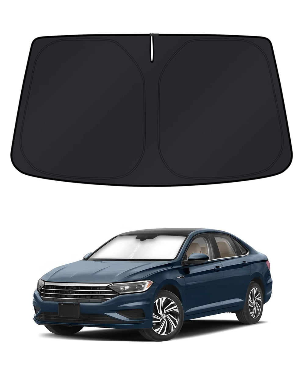 KUST windshield shade on Jetta front view blocks sun for cooler cabin.