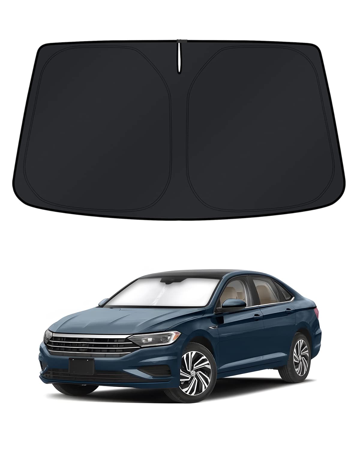 KUST windshield shade on Jetta front view blocks sun for cooler cabin.
