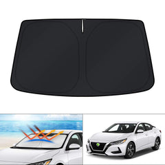 KUST windshield shade on Nissan Sentra front fit blocks sun and heat.