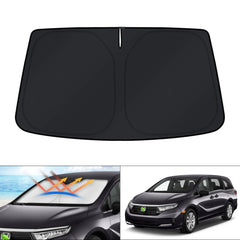 KUST windshield shade for Odyssey foldable design reduces sun exposure and heat buildup.