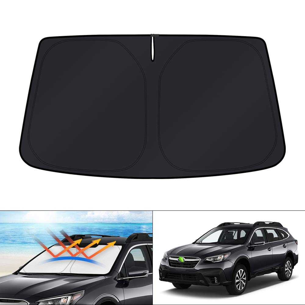 KUST windshield shade on Subaru Outback blocks sun for a cooler cabin.