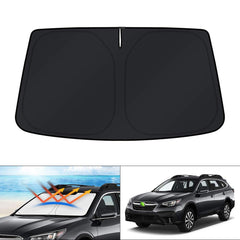 KUST windshield shade on Subaru Outback blocks sun for a cooler cabin.