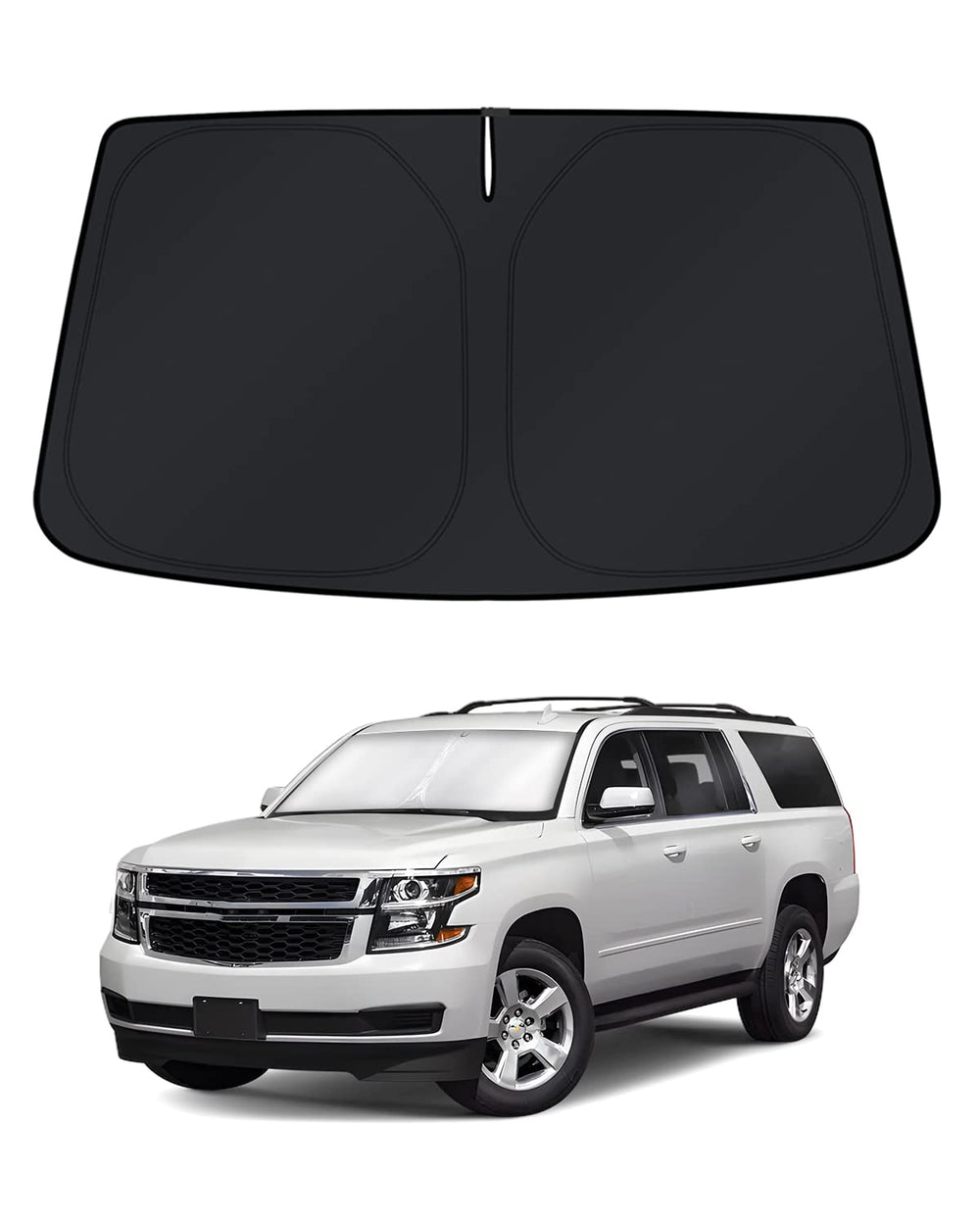 KUST windshield shade on Suburban front window blocks sun and heat.