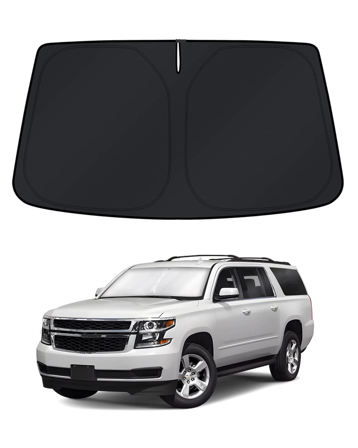 KUST windshield shade on Suburban front window blocks sun and heat.