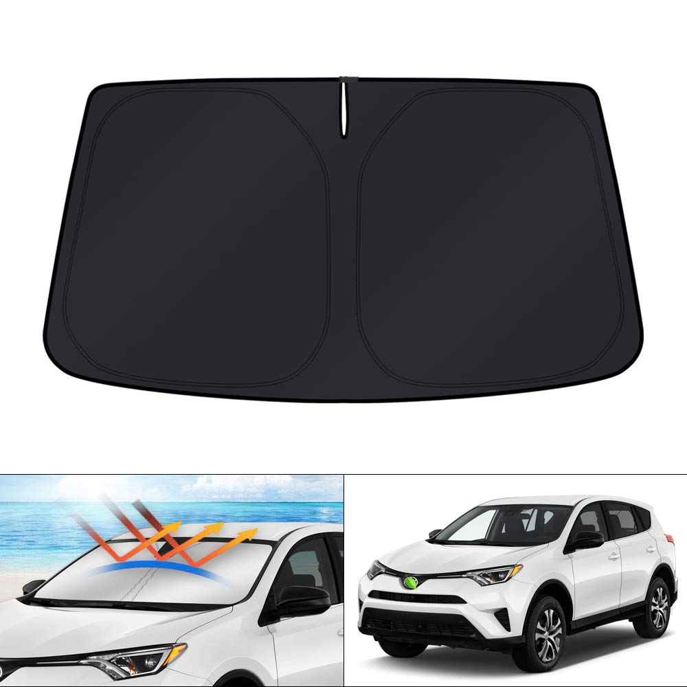 KUST windshield shade for Toyota RAV4 folded for compact storage and quick setup.