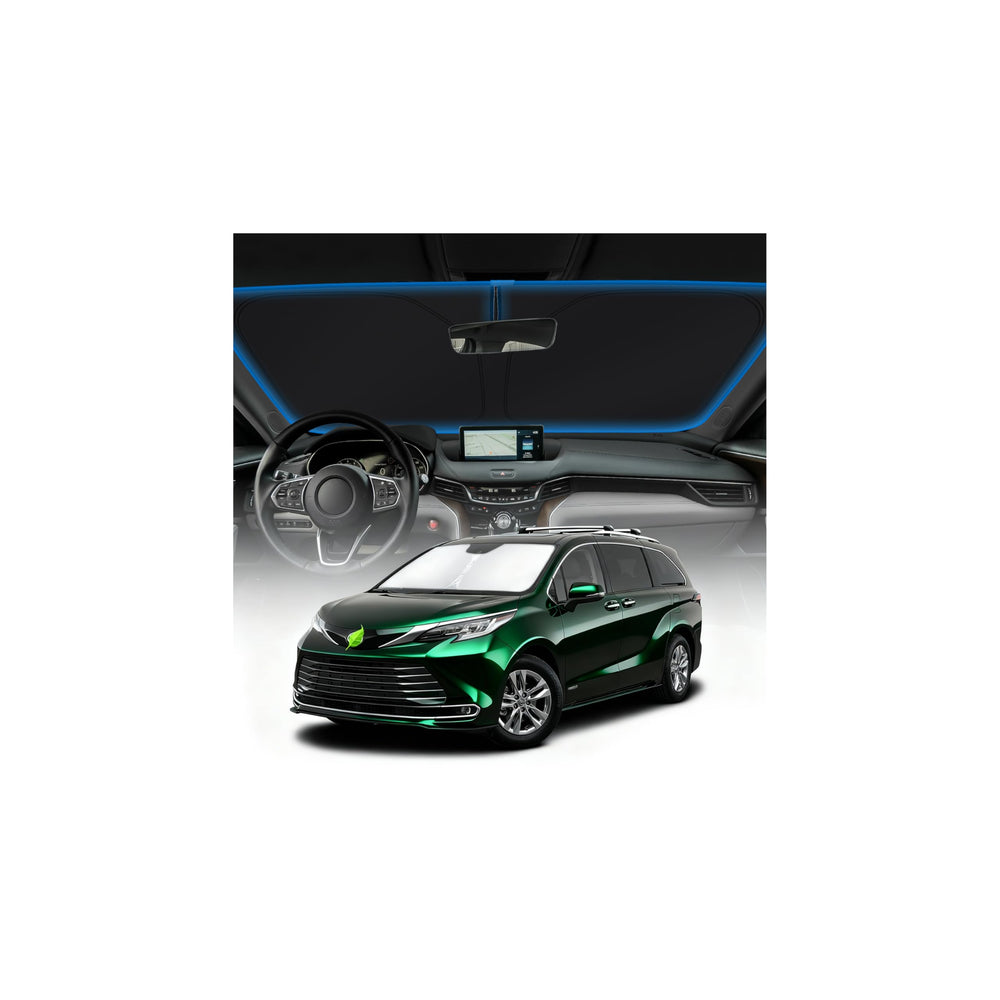 KUST windshield shade for Toyota Sienna blocks UV rays for a cooler cabin.