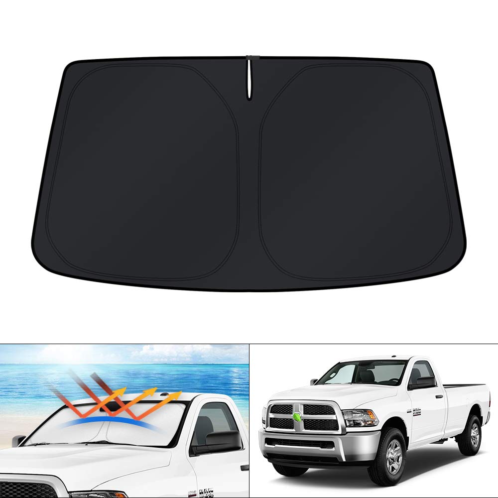 KUST windshield sun shade custom fit for RAM 2500/3500 blocks UV rays and keeps the cabin cooler.