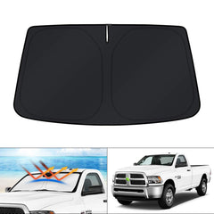 KUST windshield sun shade custom fit for RAM 2500/3500 blocks UV rays and keeps the cabin cooler.