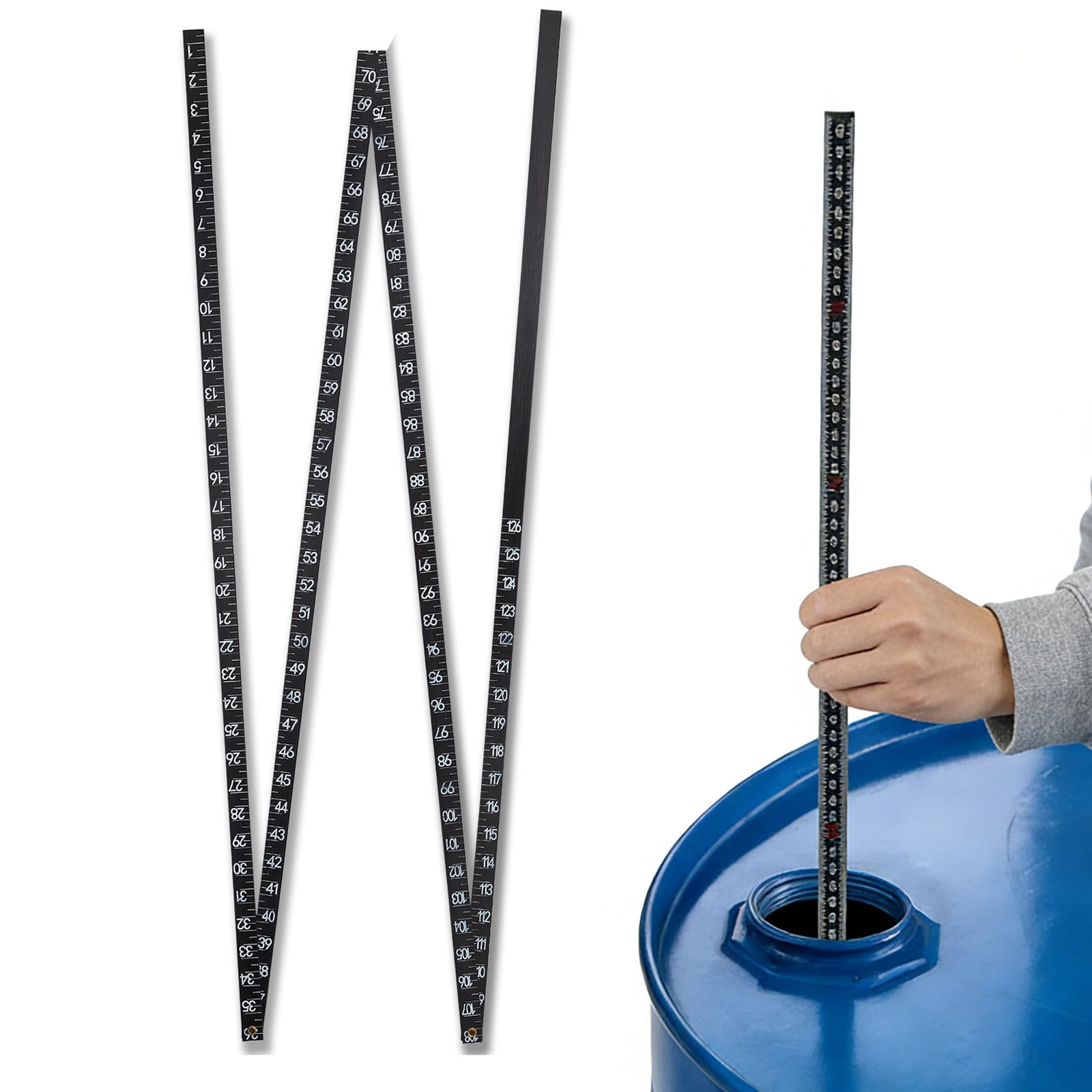 Kuypxln Oil Tank Measuring Stick shows 126-inch unfold reach for deep tanks.