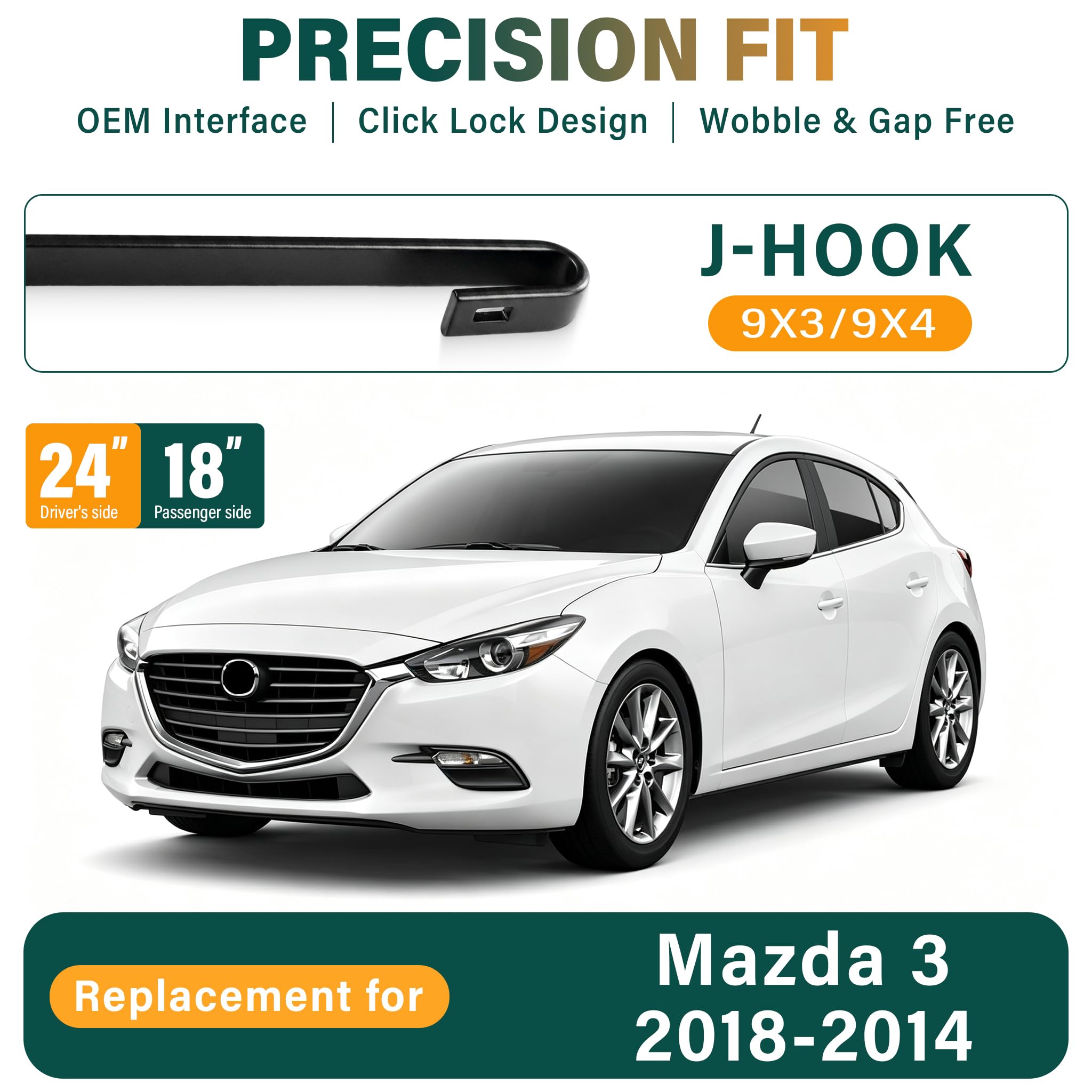 KVQ 18-inch front passenger wiper blade improves rain visibility on Mazda 3.